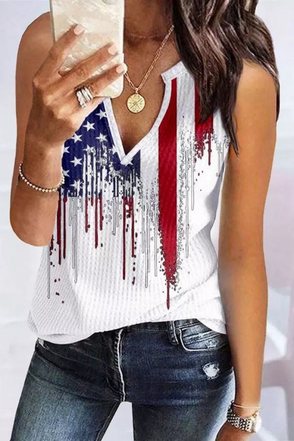 White Casual Print Basic V Neck Tops