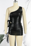 Black Sexy Street Party Solid Draw String Fold Reflective Oblique Collar Sleeveless Two Pieces