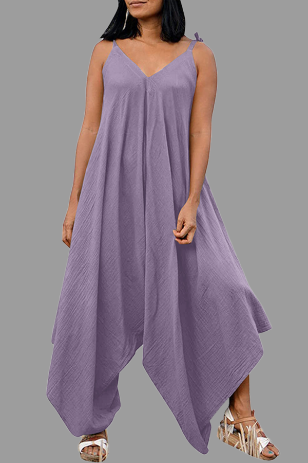 Light Purple Casual Solid Backless Spaghetti Strap Loose Jumpsuits
