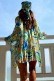 Green Sexy Print Frenulum Swimsuit Three Piece Set (With Paddings)