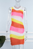 Orange Sexy Casual Patchwork Contrast O Neck Sleeveless Dress Dresses