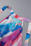 Multicolor Casual Street Simplicity Print Frenulum Backless Halter Irregular Dress Dresses