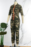 Camouflage Casual Camouflage Print Patchwork Zipper Collar Regular Jumpsuits