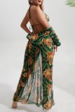 Green Sexy Print Bandage Backless Swimsuit Three Piece Set (With Paddings)