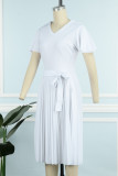 White Casual Solid Patchwork V Neck Short Sleeve Dress Dresses