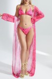 Cyan Sexy Print Frenulum Backless Swimsuit Three Piece Set (With Paddings)