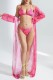 Rose Red Sexy Print Frenulum Backless Swimsuit Three Piece Set (With Paddings)
