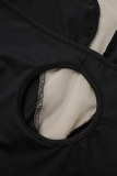 Black Sexy Street Solid See-through Backless Halter Skinny Bodysuits