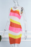 Orange Sexy Casual Patchwork Contrast O Neck Sleeveless Dress Dresses
