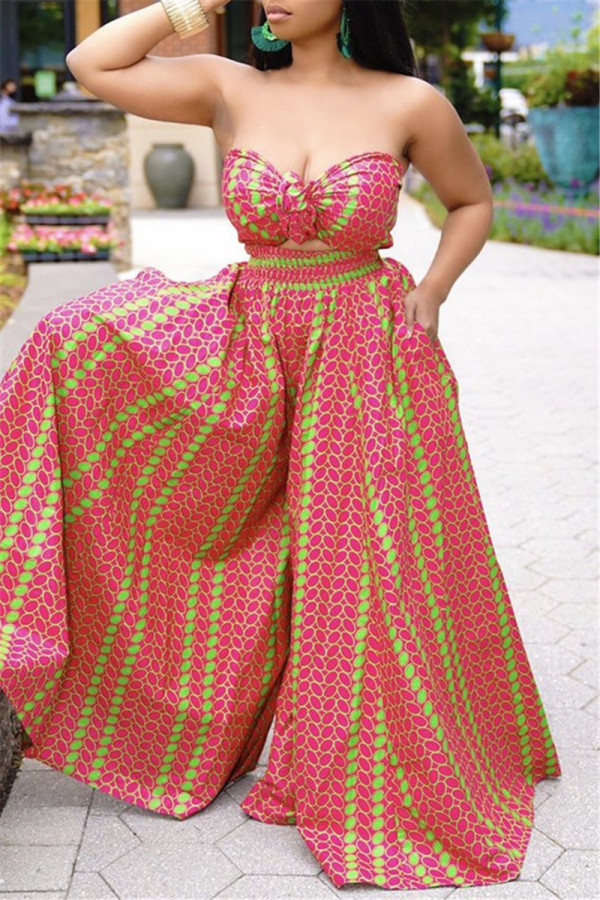 Red Fashion Sexy Print Backless Strapless Sleeveless Two Pieces