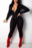 Burgundy Elastic Fly Long Sleeve Mid Print Skinny Pants Jumpsuits & Rompers