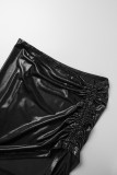 Black Sexy Street Party Solid Draw String Fold Reflective Oblique Collar Sleeveless Two Pieces