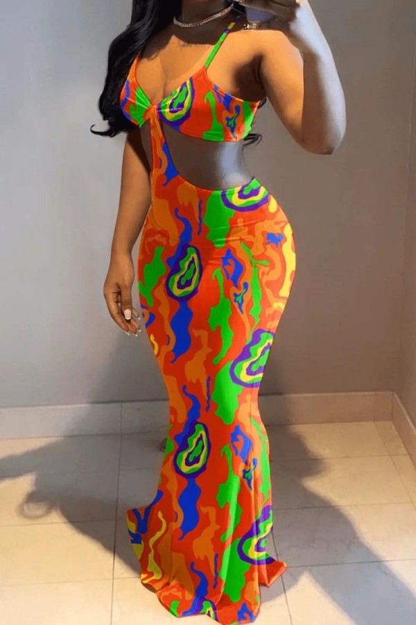 Orange Sexy Print Backless Spaghetti Strap Long Dress Dresses