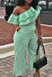 Fluorescent Green Casual Striped Patchwork Pocket Flounce Oblique Collar Regular Jumpsuits