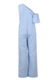 Fluorescent Green Casual Striped Patchwork Pocket Flounce Oblique Collar Regular Jumpsuits