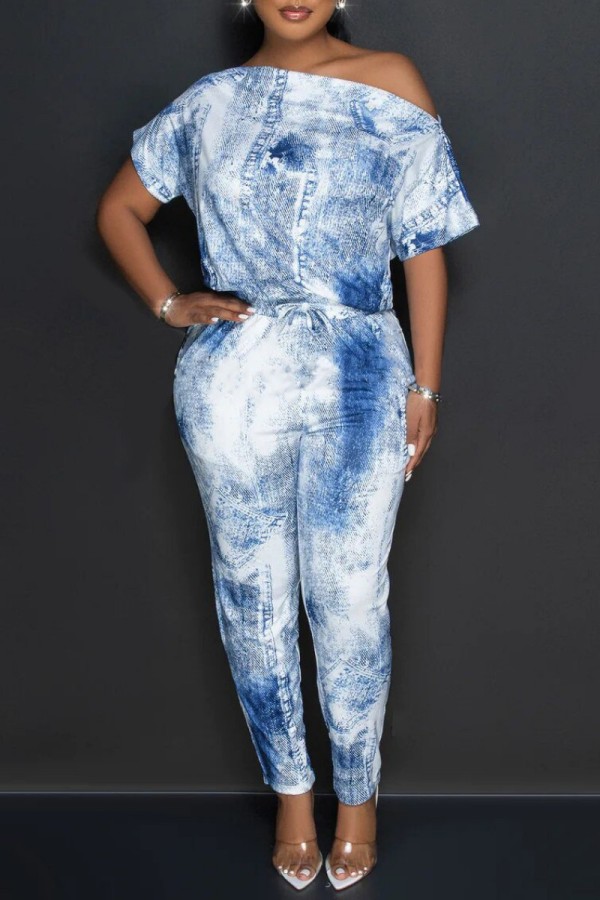 Blue Casual Print Patchwork Oblique Collar Regular Jumpsuits
