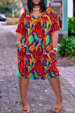 Blue Casual Print Basic V Neck Short Sleeve Dress