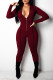 Burgundy Elastic Fly Long Sleeve Mid Print Skinny Pants Jumpsuits & Rompers