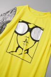 Yellow Casual Print Patchwork O Neck T-Shirts