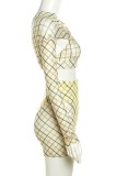 Yellow Sexy Casual Print Hollowed Out Patchwork O Neck Long Sleeve Two Pieces