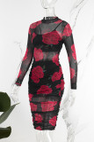 Red Sexy Casual Print See-through Half A Turtleneck Long Sleeve Three Piece Set