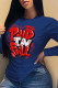 Navy Blue Casual Print Letter O Neck Tops