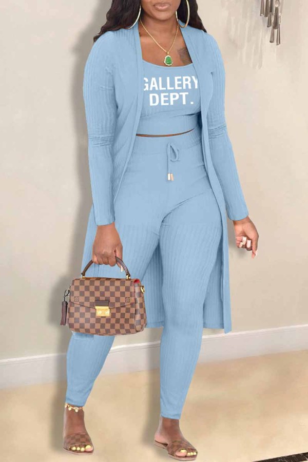 Baby Blue Casual Print Letter Cardigan Collar Long Sleeve Three Pieces