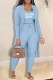Baby Blue Casual Print Letter Cardigan Collar Long Sleeve Three Pieces