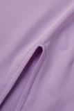 Light Purple Sexy Solid Backless Slit Oblique Collar Long Sleeve Dresses