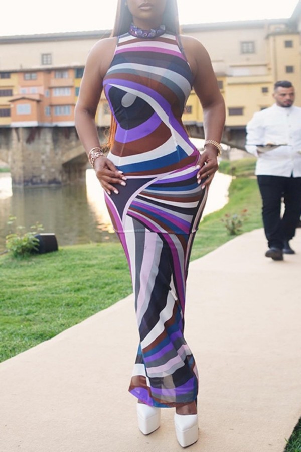 Purple Casual Print Basic O Neck Long Dress Dresses