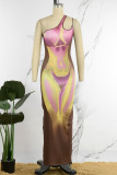 Brown Sexy Print Backless Oblique Collar Long Dress Dresses