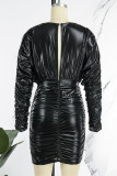 Black Casual Solid Fold V Neck Long Sleeve Dresses
