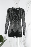 Black Sexy Patchwork Hot Drill V Neck Skinny Rompers