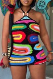 Blue Sexy Patchwork Backless Halter Sleeveless Dress Dresses