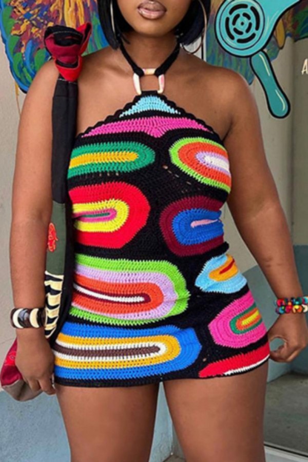 Black Sexy Patchwork Backless Halter Sleeveless Dress Dresses