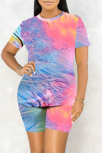 Powder Blue Casual Print Tie-dye O Neck Short Sleeve Two Pieces