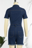 The cowboy blue Casual Solid Patchwork Buttons Turndown Collar Regular Romper