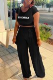 Yellow Street Print Letter O Neck Short Sleeve Two Pieces