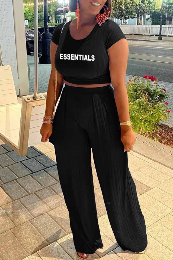 Black Street Print Letter O Neck Short Sleeve Two Pieces