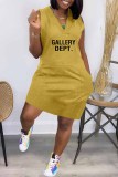 Pink Street Print Letter V Neck One Step Skirt Dresses