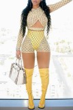 Yellow Sexy Casual Print Hollowed Out Patchwork O Neck Long Sleeve Two Pieces
