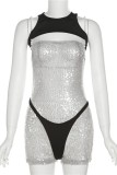 Grey Sexy Patchwork Hollowed Out Sequins O Neck Sleeveless Three Piece Set