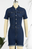 The cowboy blue Casual Solid Patchwork Buttons Turndown Collar Regular Romper