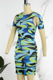 Blue Sexy Print Patchwork O Neck Short Sleeve Dress