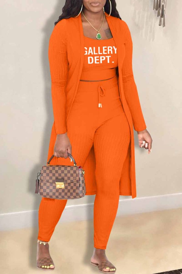 Orange Casual Print Letter Cardigan Collar Long Sleeve Three Pieces