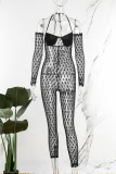 Black Sexy Solid Patchwork See-through Backless Halter Skinny Jumpsuits