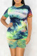 Green Casual Print Tie-dye O Neck Short Sleeve Two Pieces