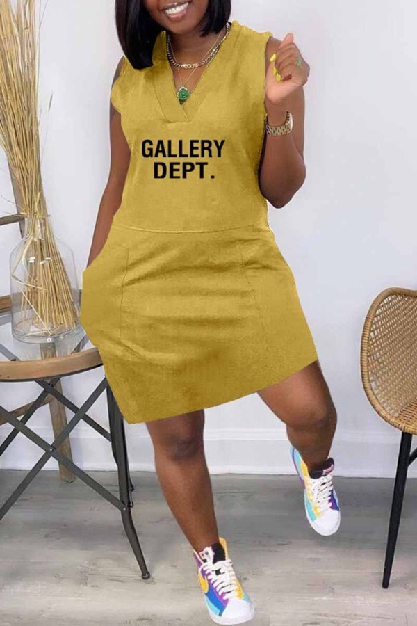 Yellow Street Print Letter V Neck One Step Skirt Dresses