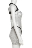 Grey Sexy Patchwork Hollowed Out Sequins O Neck Sleeveless Three Piece Set