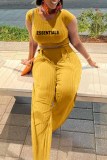 Yellow Street Print Letter O Neck Short Sleeve Two Pieces